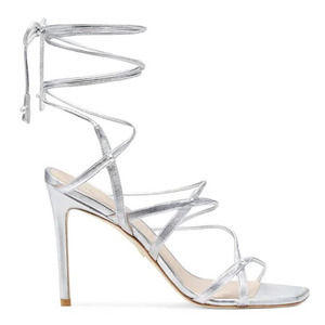 NWT Stuart Weitzman Astrid Silver Leather Ankle Wrap Sandal Pumps Size 10